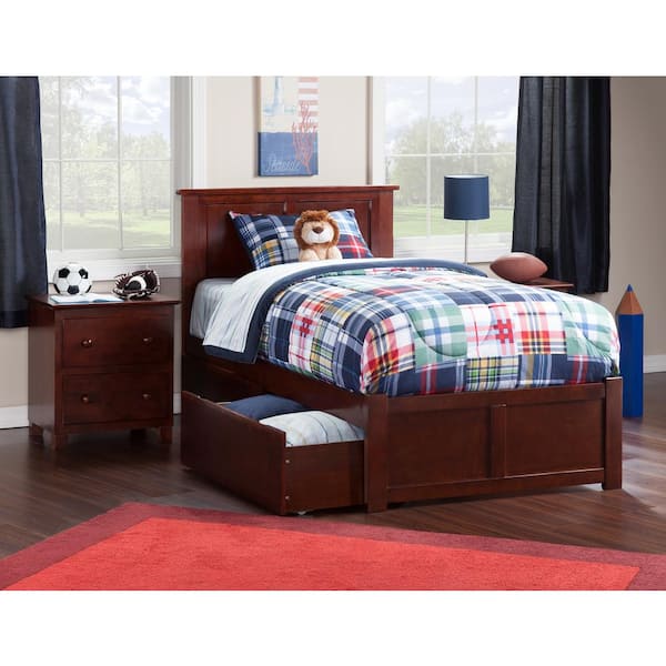 AFI Madison Walnut Twin XL Solid Wood Storage Platform Bed with Flat Panel Foot Board and 2 Bed Drawers