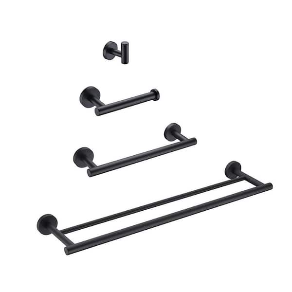 Interbath Matte Black 4 Piece Bathroom Hardware Set with Toilet Paper Holder Robe Hook and Towel Bar in Stainless Steel