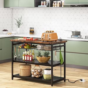 Bryauna Rustic Brown Kitchen Island, 3 Tier Island Table with Power Outlets and Wire Baskets, Microwave Oven Stand