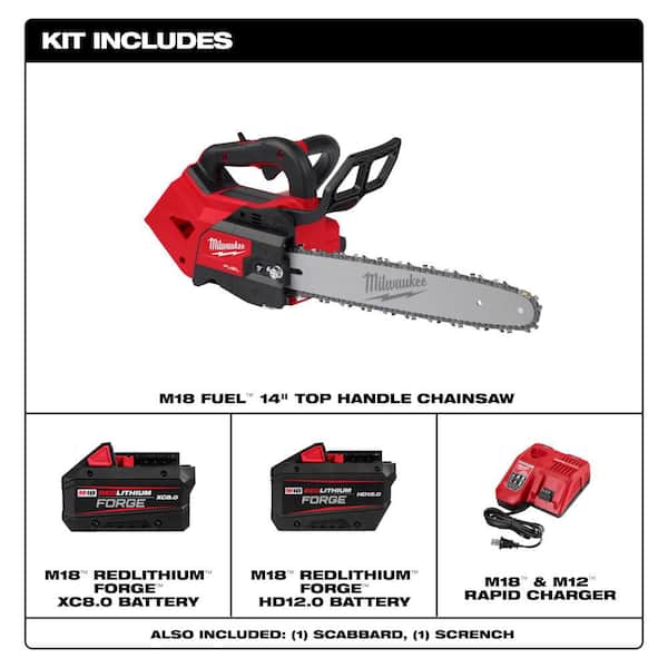 M18 FUEL 14 in. 18V Brushless Cordless Electric Battery Top Handle Chainsaw w/ (1) 12.0 Ah & (1) 8.0 Ah Battery, Charger
