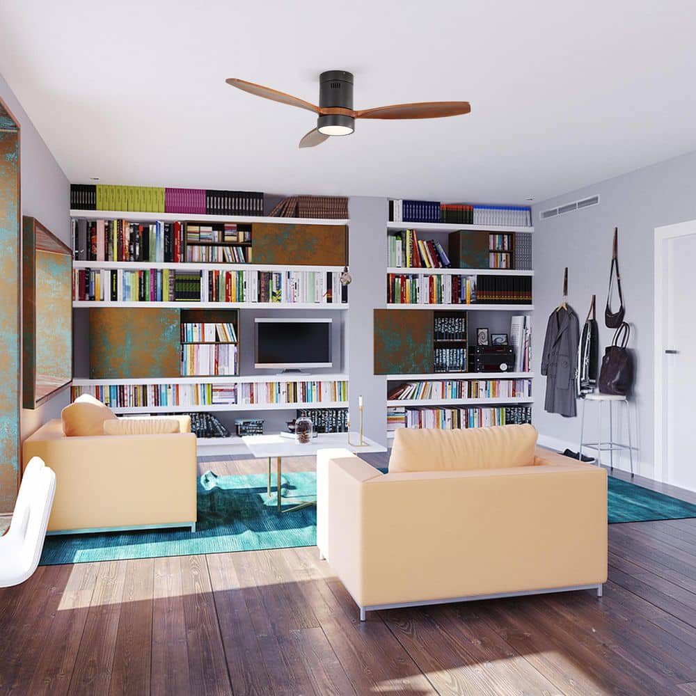 52 in. Indoor Matte Black Flush Mount Standard Ceiling Fan with 3 Solid Wood Blades, Dimmable LED and Remote Control price history on PriceWatchPro