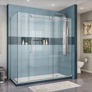 Enigma-X 34 1/2 in. D x 72-3/8 in. x 76 in. H Frameless Corner Sliding Shower Enclosure in Brushed Stainless Steel