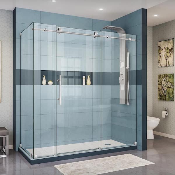 DreamLine Enigma-X 34 1/2 in. D x 72-3/8 in. x 76 in. H Frameless Corner Sliding Shower Enclosure in Brushed Stainless Steel