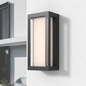 Montpelier Black Modern Dusk to Dawn Outdoor Integrated LED Hardwired Lantern Sconce with White Shade