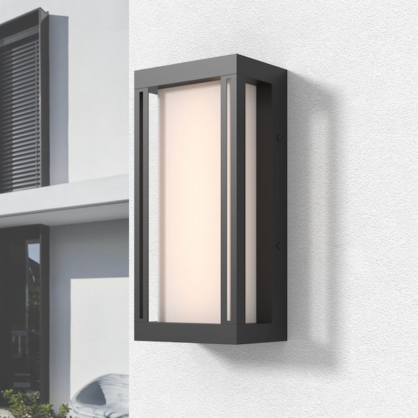 Maxax Montpelier Black Modern Dusk to Dawn Outdoor Integrated LED Hardwired Lantern Sconce with White Glass