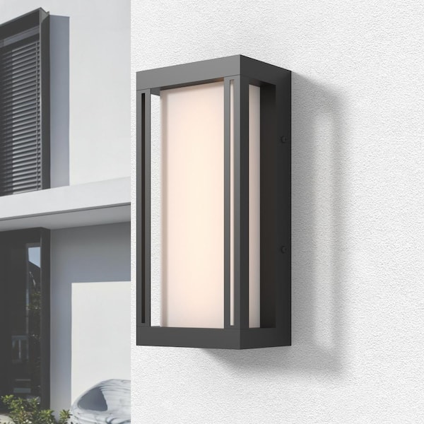 Montpelier Black Modern Dusk to Dawn Outdoor Integrated LED Hardwired Lantern Sconce with White Shade (8-Pack)