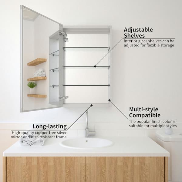 19 in. x 30 in. Frameless Recessed or Surface-Mount Beveled Single Mirror Bathroom Medicine Cabinet