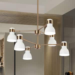 Suddly 6-Light Modern Brass Gold Adjustable Chandelier, Industrial Two Tiers Hanging Pendant with White Cone Metal Shade