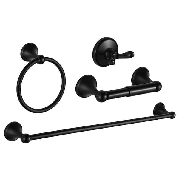 Matte Black Wall Mounted Bathroom Hardware Set with Adjustable Towel Bar 18/24 in Towel Ring TP Holder