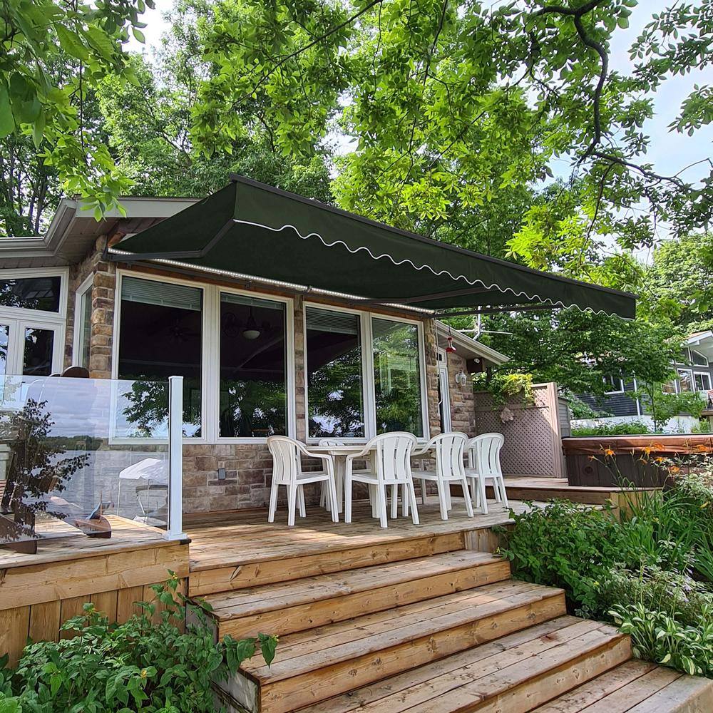 Forest Green Motorized Retractable Patio Awning with LED Lights