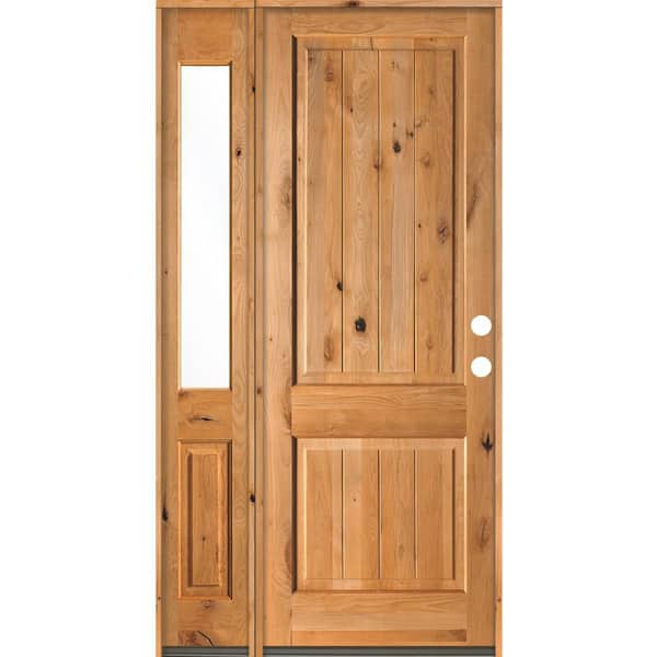 Krosswood Doors 46 in. x 96 in. Rustic Knotty Alder 2 Panel Left-Hand/Inswing Clear Glass Clear Stain Wood Prehung Front Door w/Sidelite