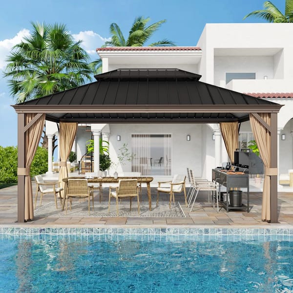 12 ft. x 16 ft. Outdoor Patio Aluminum Frame Gazebo with Double Hardtop Steel Roof, Mosquito Net and Curtains