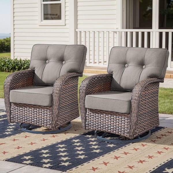 T-Frame Brown Wicker Outdoor Rocking Chairs with Olefin Gray 5 in. Thick Cushion /Patio Swivel Gliders (2-Pack)
