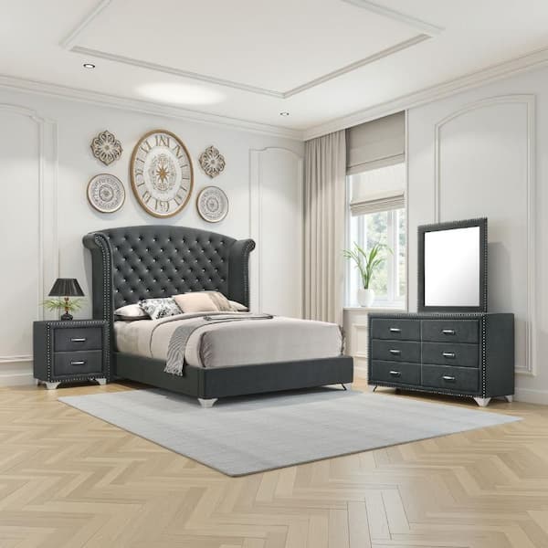 Benjara Giya 4-Piece Gray Wood Queen Size Bedroom Set with