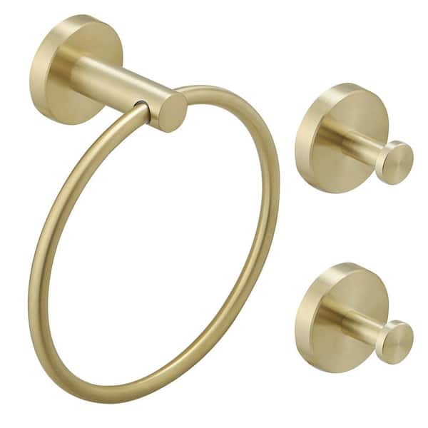 BWE 3-Piece Bath Hardware Set with Towel Ring and 2-Pcs Towel Hooks and Mounting Hardware Wall Mount Modern in Brushed Gold