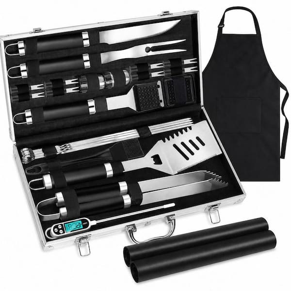 26-Piece Heavy Duty Stainless Steel BBQ Grilling Tools Set with Apron Thermometer Grill Mats Aluminum Case Black