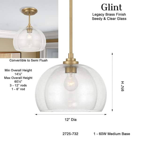 Minka Lavery Glint 12 in. 1-Light Legacy Brass Pendant to Semi