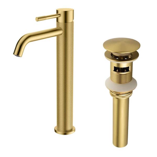 Single Handle Vessel Sink Faucet with Pop-Up Drain, Single Hole Tall Bathroom Sink Faucet in Brushed Gold