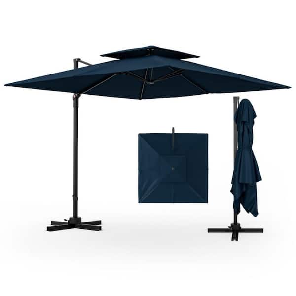 9.5 ft. Metal Cantilever Patio Umbrella in Navy 360° Rotation and Double Top