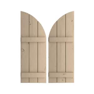 16-1/2 in. x 36 in. Polyurethane Knotty Pine 3-Board Joined Board and Batten Round Arch Top Shutters, Primed Tan