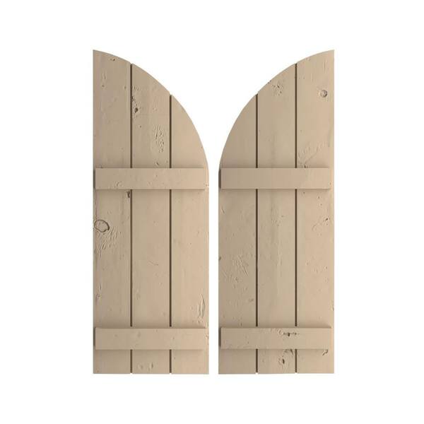 Ekena Millwork 16-1/2 in. x 36 in. Polyurethane Knotty Pine 3-Board Joined Board and Batten Round Arch Top Shutters, Primed Tan
