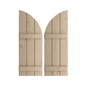 16-1/2 in. x 42 in. Polyurethane Knotty Pine Three Board Joined Board-n-Batten Round Arch Top Shutters, Primed Tan