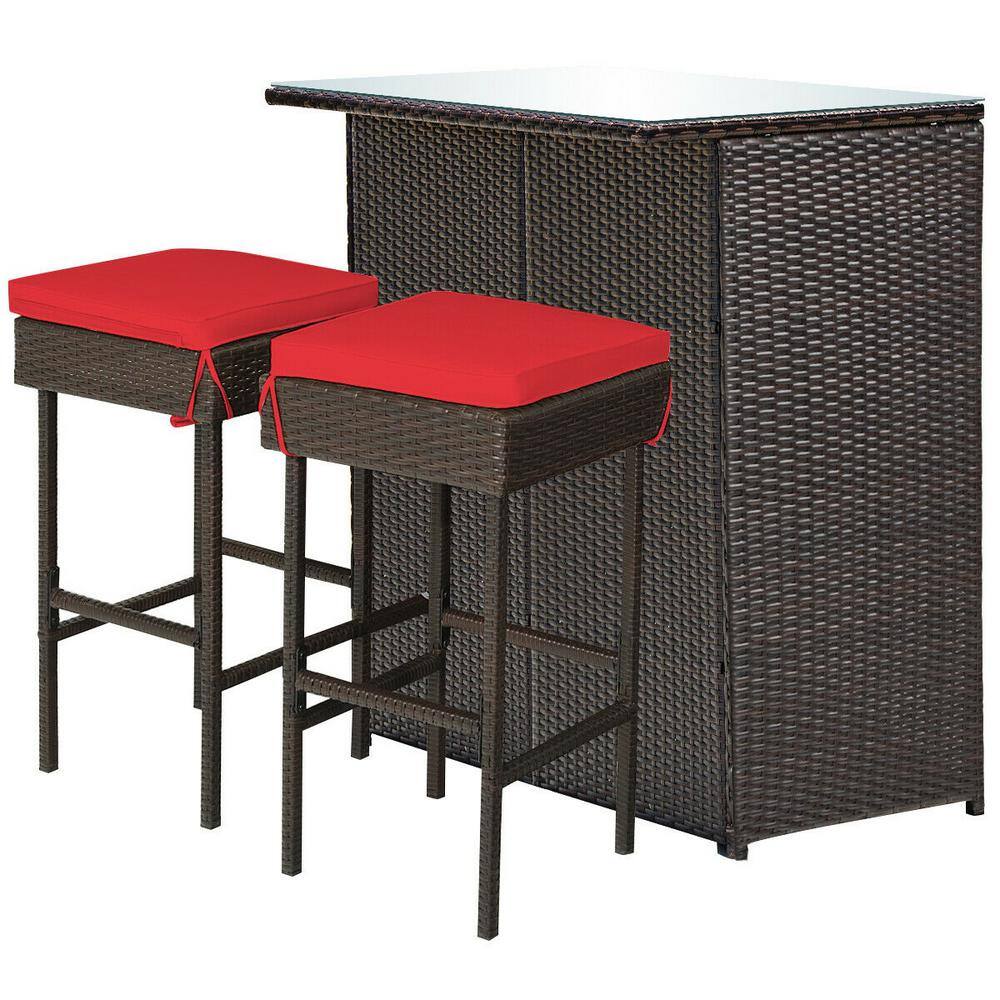 3-Piece Brown Rattan Wicker Bar Set with Red Cushions