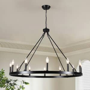 12-Light Black Farmhouse Candle Design Circle Iron Wagon Wheel Chandelier for Dining Room with No Bulbs Included