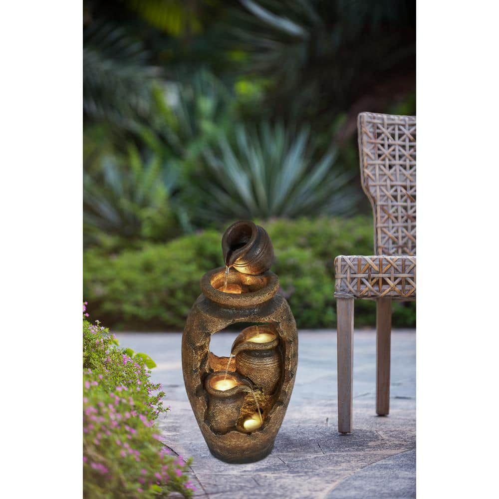 Rustic Brown Polyresin 3-Tier Pot Design Water Fountain with Light