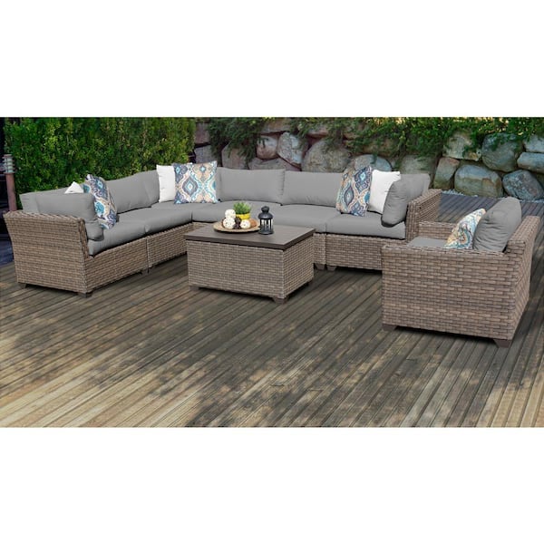 TK CLASSICS Monterey 8-Piece Wicker Patio Conversation Sectional Seating Group with Gray Cushions