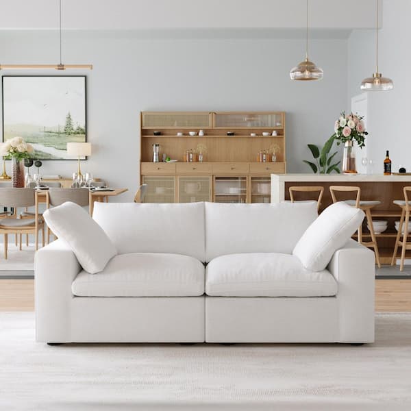 Unbranded Modular 80.3 in. Deep Seat Linen Sectional Sofa with Removable Covers & Cushions in. White LoveSeat
