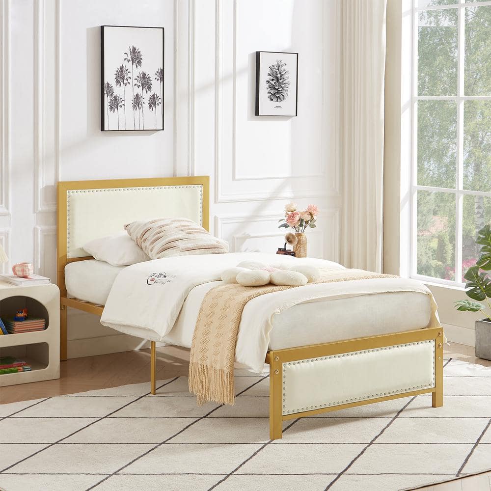 VECELO Metal Twin Beige Bed Frame with Linen Upholstered