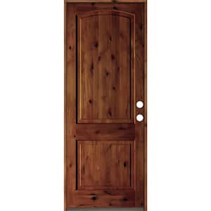 42 in. x 96 in. Rustic Knotty Alder Arch Top Red Chestnut Stain Left-Hand Inswing Wood Single Prehung Front Door