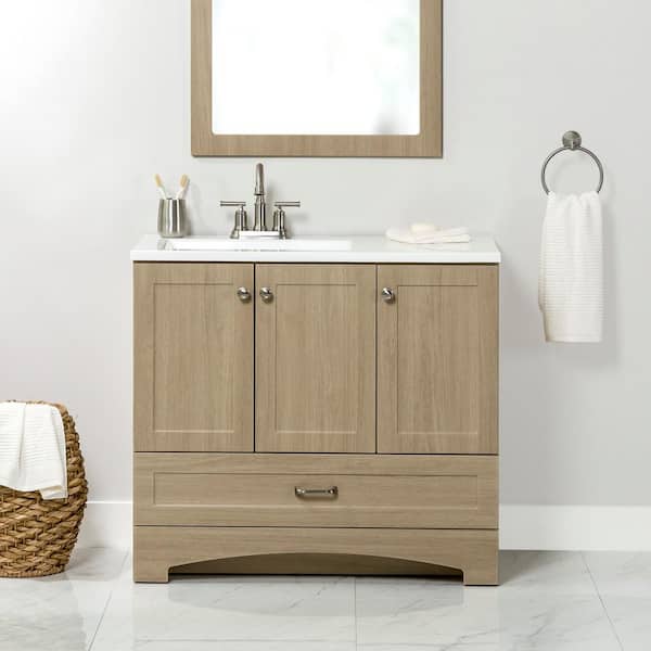 Lancaster 37 in. Single Sink Beige Oak Bath Vanity with White Cultured Marble Top (Assembled)