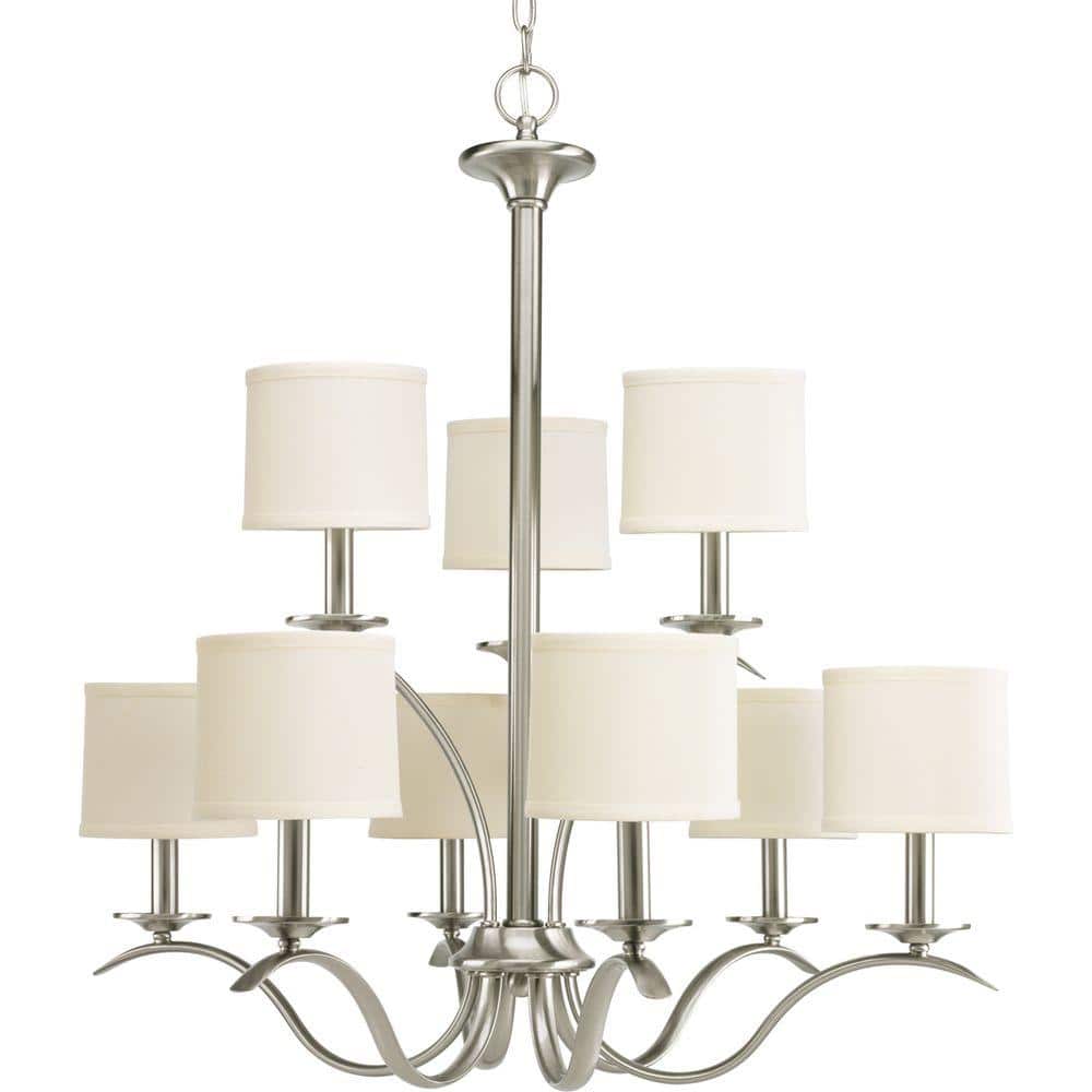 Inspire Collection 9-Light Brushed Nickel Off-White Linen Shade Traditional