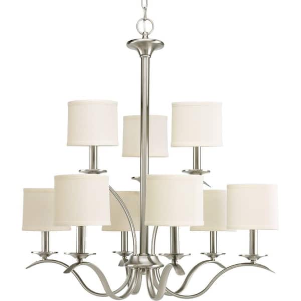Progress Lighting Inspire Collection 9-Light Brushed Nickel Off-White Linen Shade Traditional Empire Chandelier Light