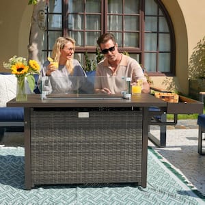 52 in. 50,000 BTU Brown Rectangular Wicker Outdoor Fire Pit Table with Storage Shelf Glass Wind Guard Lid and Dust Cover