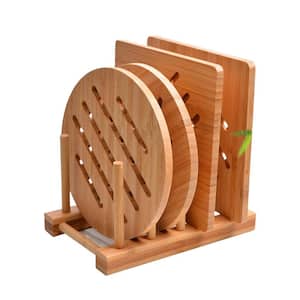 Natural Bamboo Trivet Table Mat for Hot Dishes with 2-Square, 2-Roundness and 1-Storage Rack for Kitchen