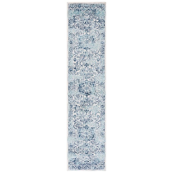 Tulum 2 ft. x 9 ft. Ivory/Blue Distressed Abstract Floral Runner Rug