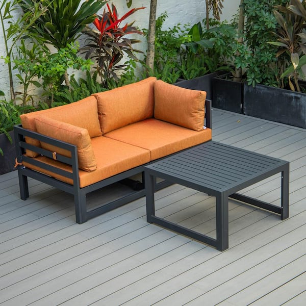 Leisuremod Chelsea Black 3-Piece Aluminum Patio Conversation Set with Orange Cushions