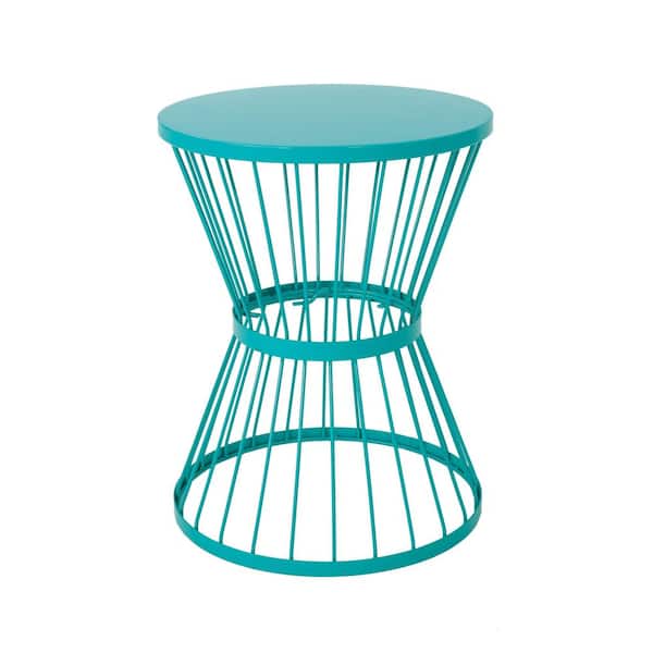 Unbranded Modern Sleek Round Metal Outdoor Patio Deck Side Table, Hourglass Structure and An Open Cage Design, Teal