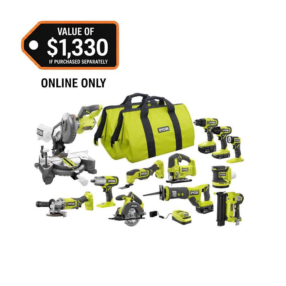 RYOBI ONE+ 18V Cordless 12-Tool Combo Kit with (1) 1.5 Ah Battery and (2) 4.0 Ah Batteries and Charger PCL2200K3N - The Home Depot