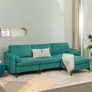 97 in. W Square Arm 3-Piece Suede Modular Sectional Sofa in Blue with Socket USB Ports and Side Storage Pocket