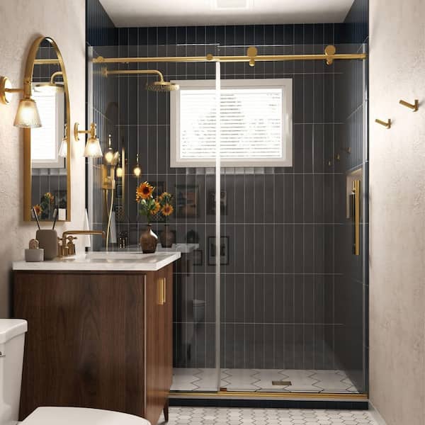 56-60 in. W × 74 in. H Frameless Single Sliding Shower Door in Brushed Gold with Soft Close System, 8mm Tempered Glass