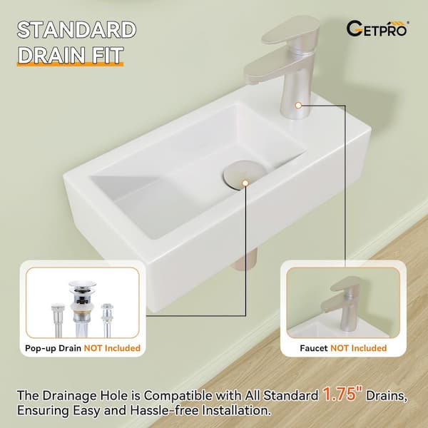 14.56 in. Ceramic Wall-Mounted Rectangular Bathroom Sink Right Hand w/ Single Faucet Hole in White Floating Vessel Sink