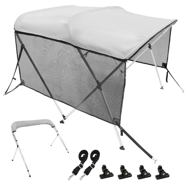 3-Bow Bimini Boat Cover, 600D Polyester Shade, Removable Mesh Sides, Aluminum Frame, Dual Support Poles, Storage Case