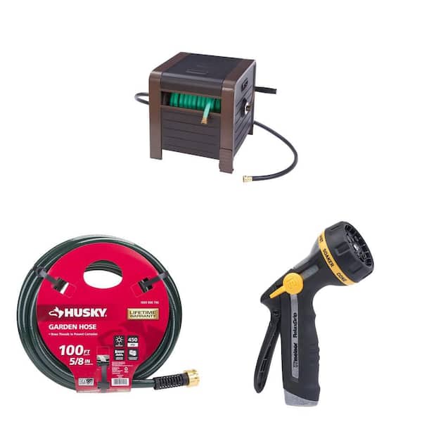 200 ft. Bronze Steel Hose Box Reel, 5/8 in. x 100 ft. Heavy-Duty Hose and 8-Pattern Adjustable Nozzle Combo