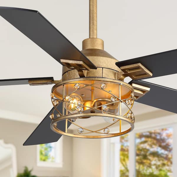Castaneda 52 in. 2-Light Antique Gold Ceiling Fan with Light Kit, 5 Black/Brown Blades, Downrod and Remote Included