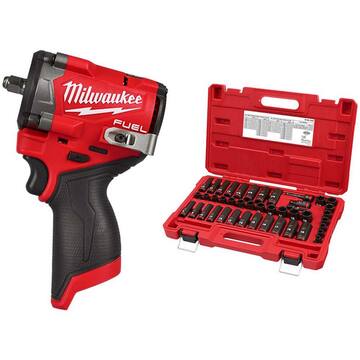 M12 FUEL 12V Li-Ion Brushless Cordless Stubby 3/8 in. Impact Wrench w/SHOCKWAVE 3/8 in. Drive Impact Socket Set (43-Pc)