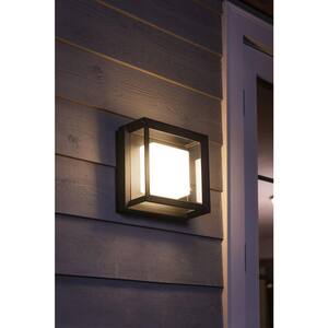 White and Color Ambiance Econic Medium Black Outdoor Sconce and Lantern Fixture with Integrated LED